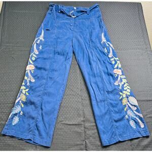 Johnny Was, Emika Belted Wide-Leg Navy Embroidered Women's Pant, Medium